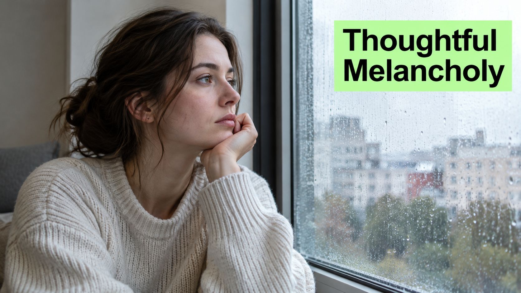 A pensive woman resting her head on her hand while looking out a rainy window.