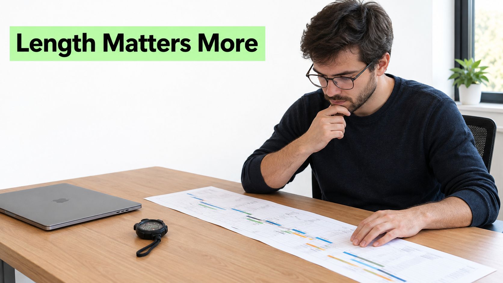 A professional man with glasses sitting at a desk studying a long project schedule document.