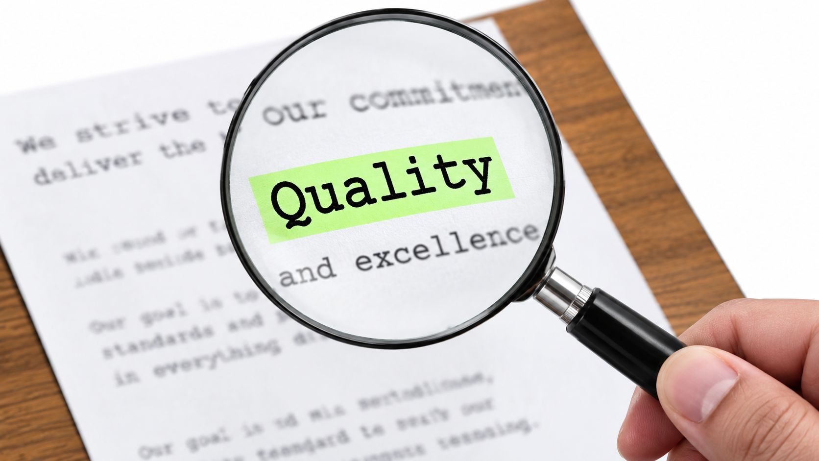 A magnifying glass focusing on the word 'Quality' on a document, symbolizing the importance of quality over quantity in writing.