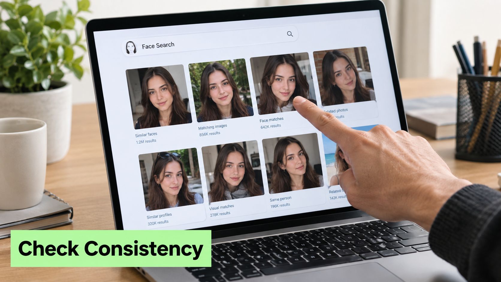 A person pointing at search results on a laptop screen displaying multiple matching face photos.