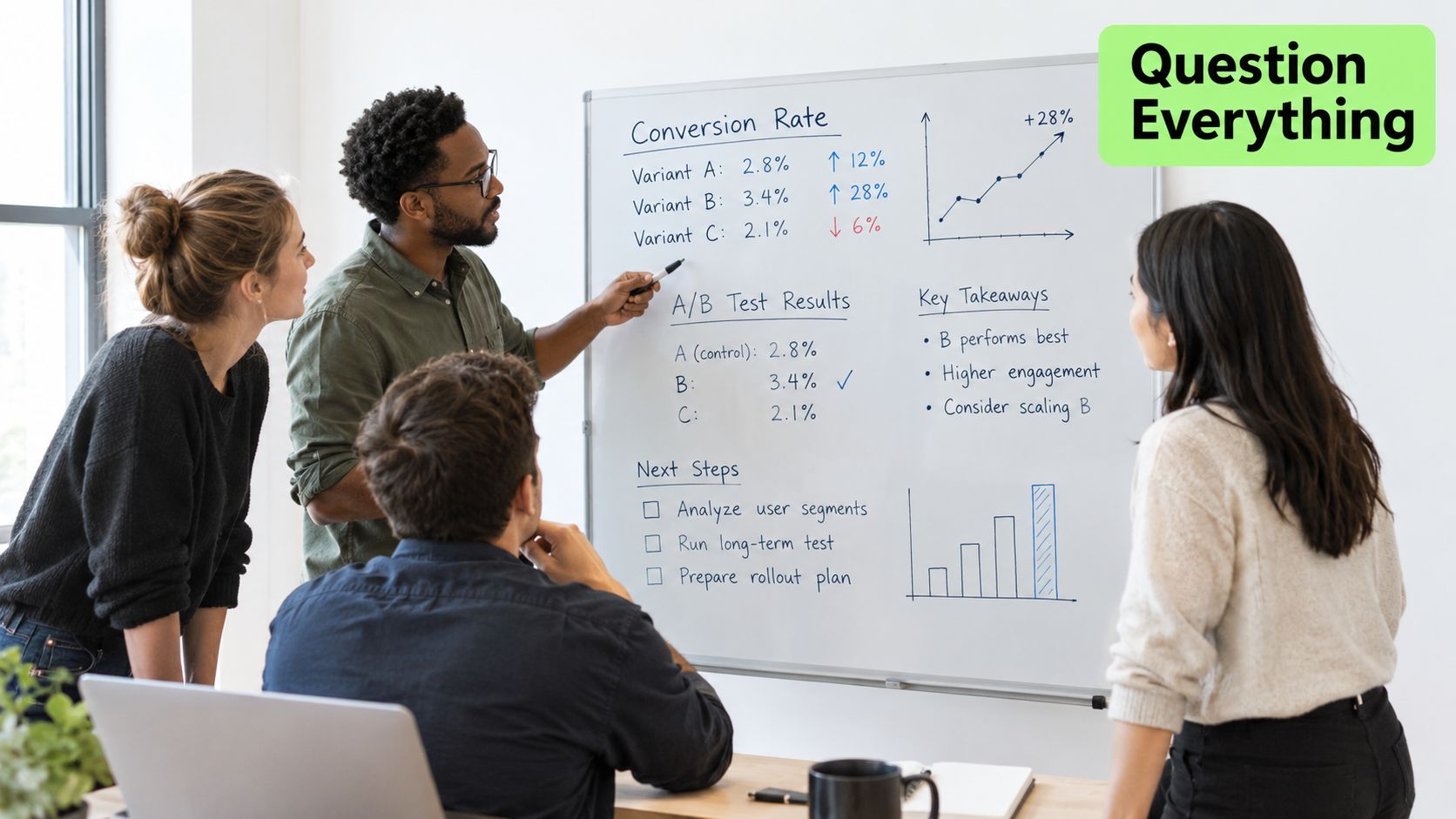 A professional team collaborating on a whiteboard project analyzing conversion rate results during an office meeting.