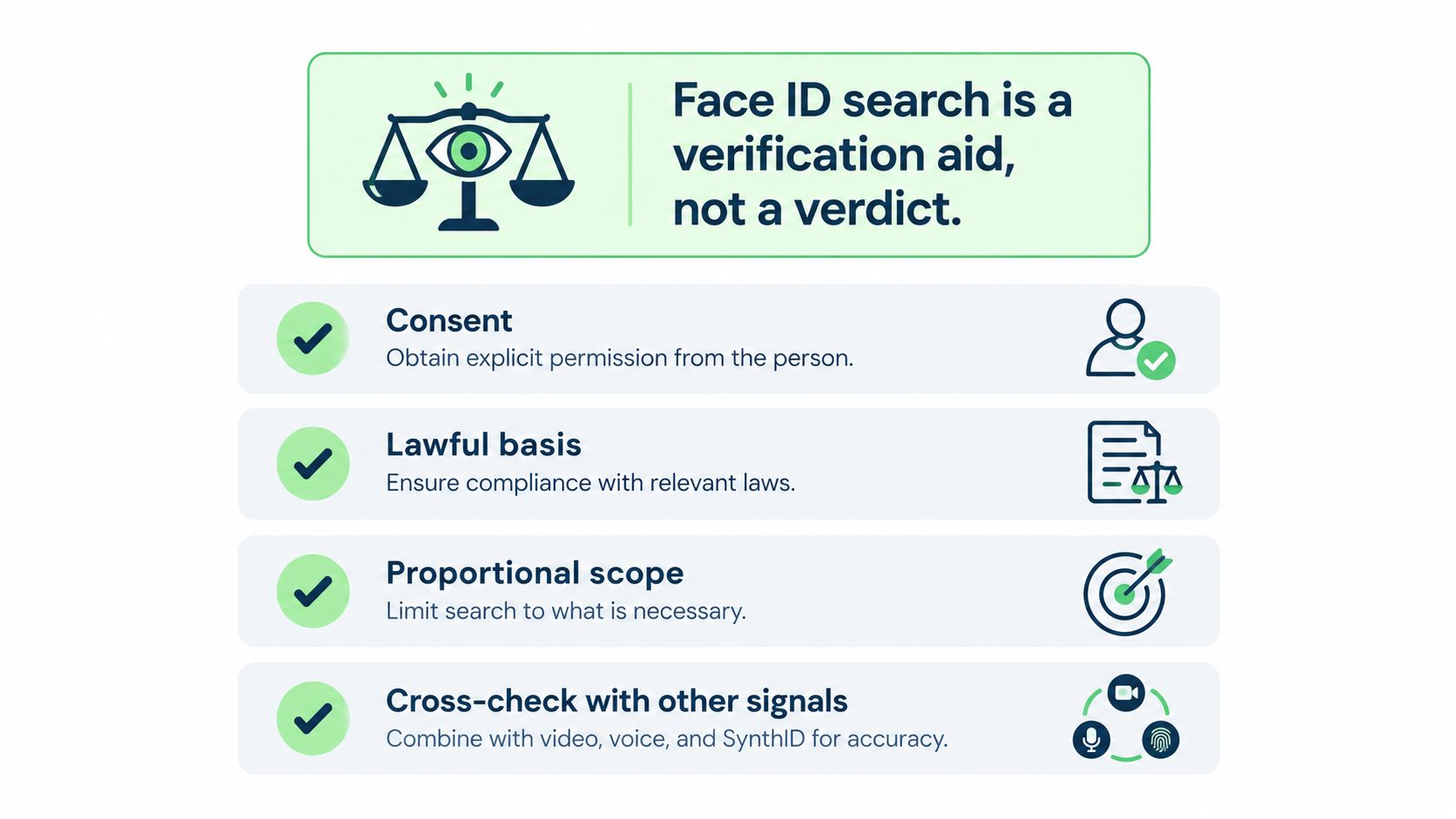 A diagram illustrating ethical guidelines for face ID search as a verification aid rather than a verdict.