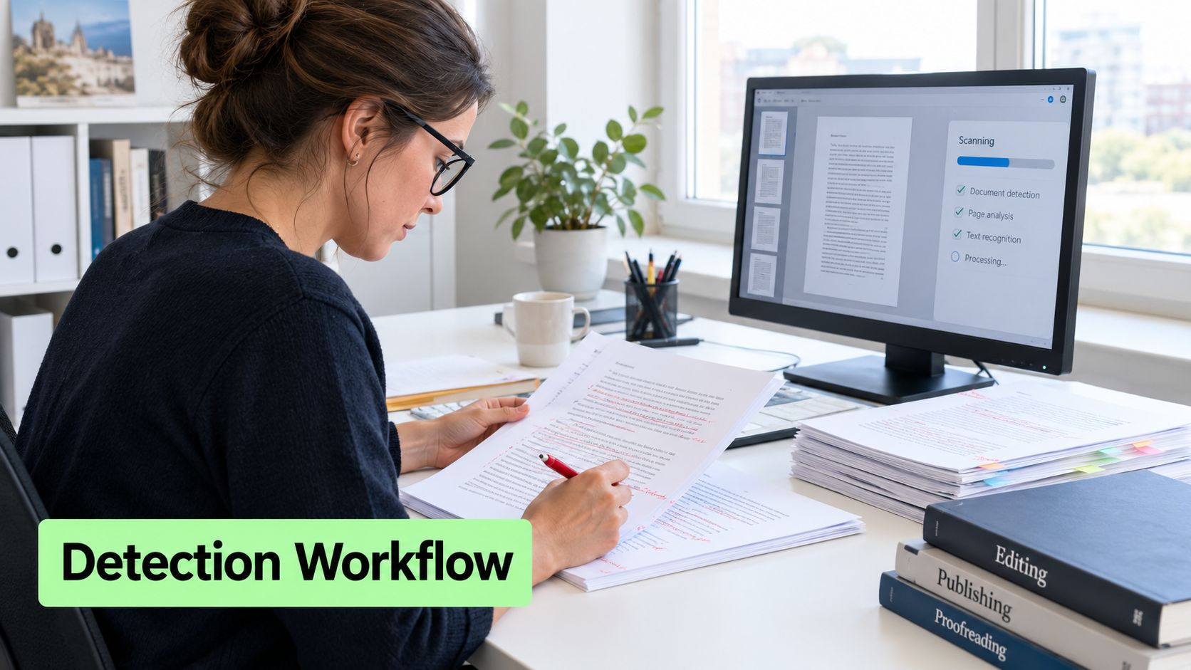 A woman working at a desk, reviewing a document while using AI text detection software on a monitor.