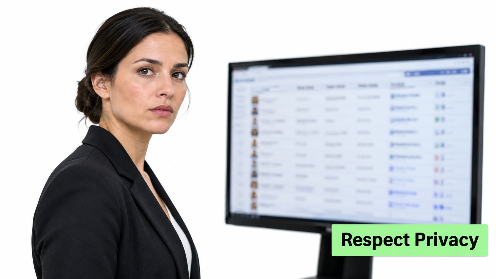 A businesswoman stands in front of a computer monitor displaying a list of search results.