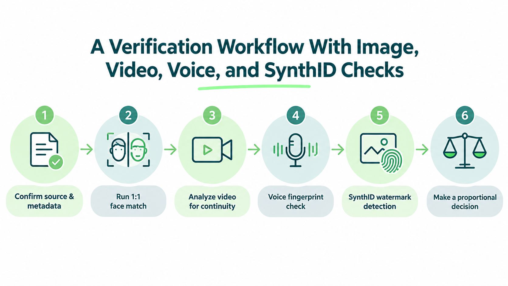 A six-step workflow diagram illustrating the process of verifying media content using image, video, and audio checks.
