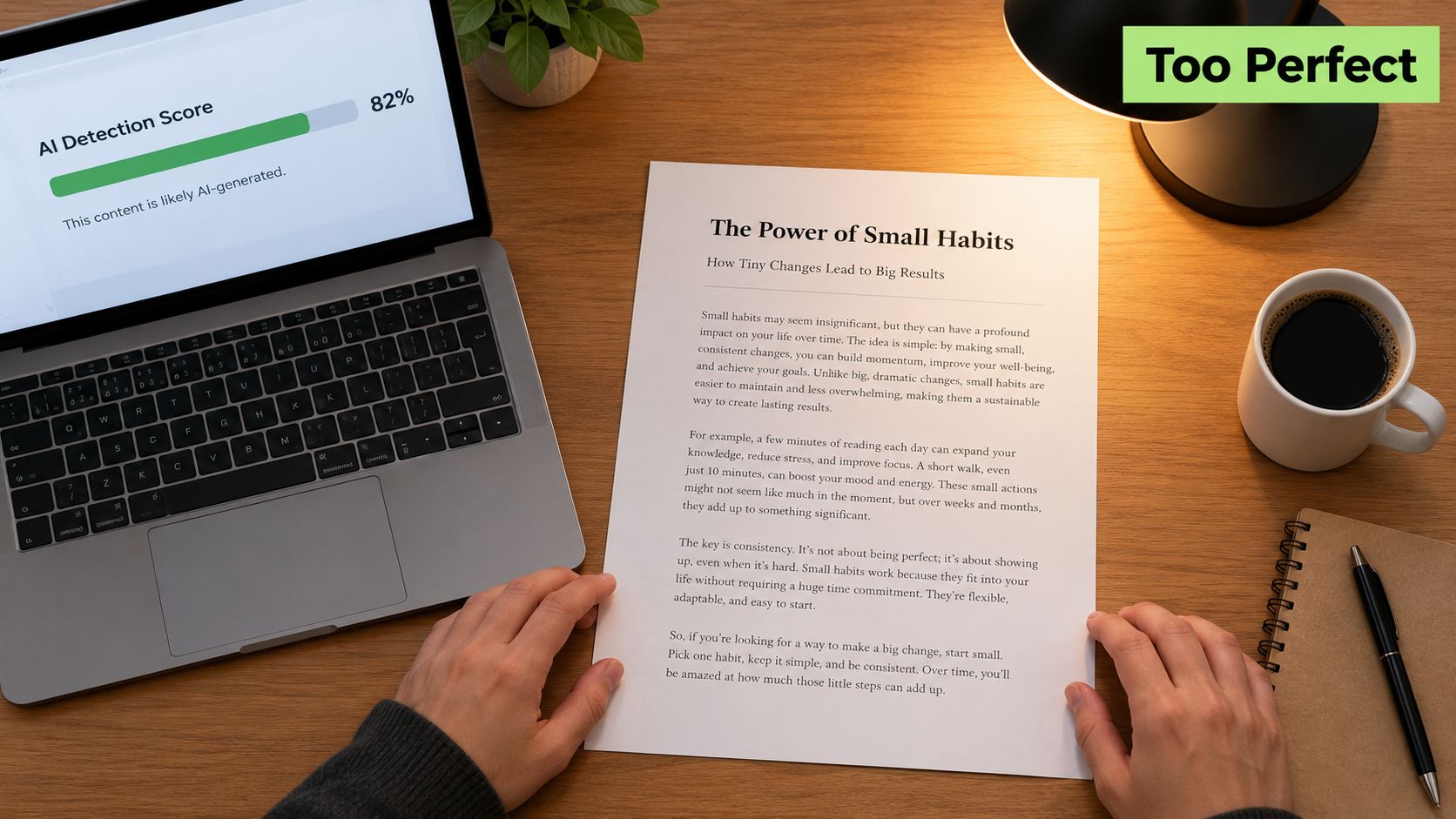 A person reviewing a document about small habits next to a laptop showing an AI detection score.