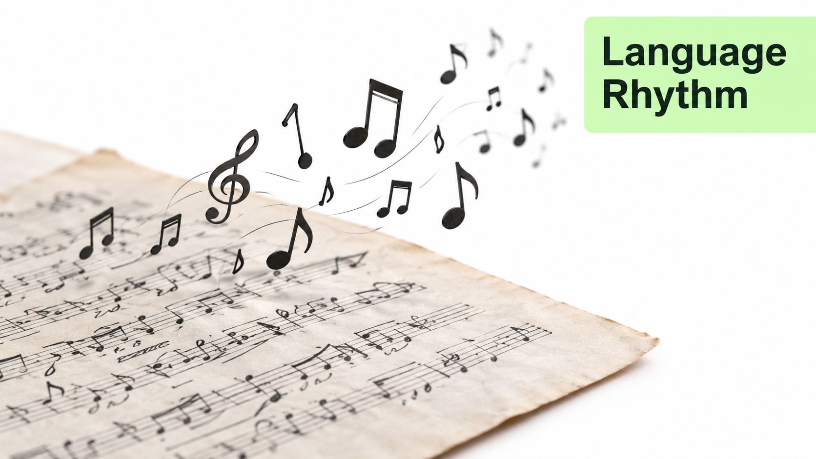 Floating musical notes rising from an old sheet of musical score against a white background.