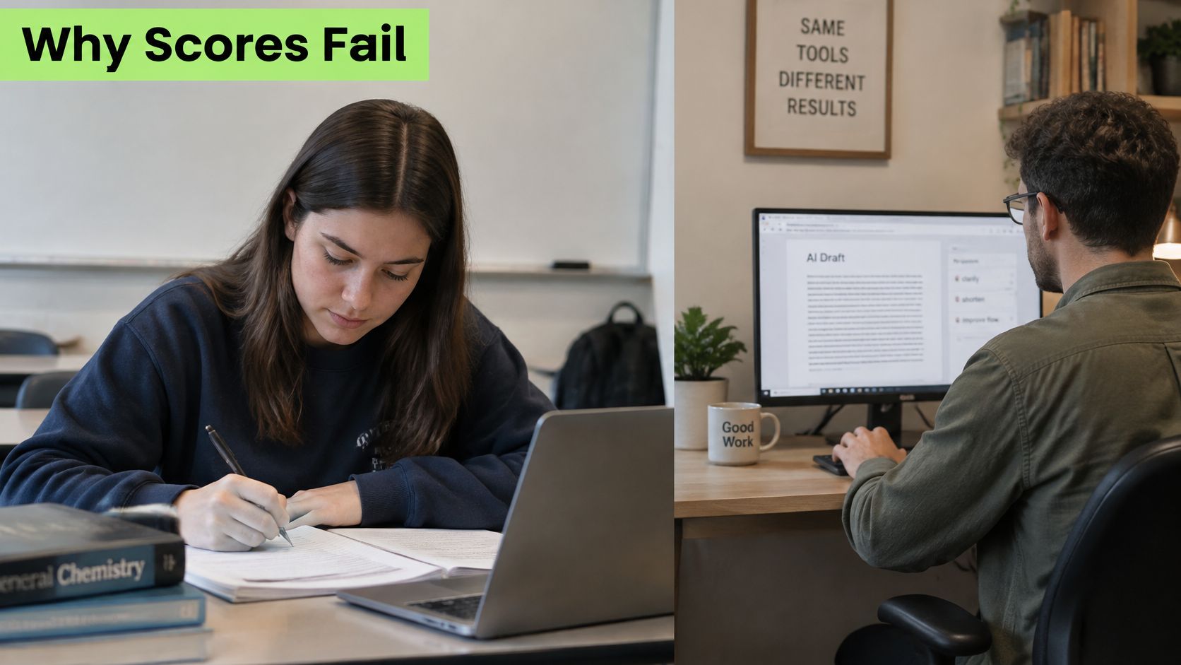 A student writing in a notebook next to a professional using an AI draft tool on computer.
