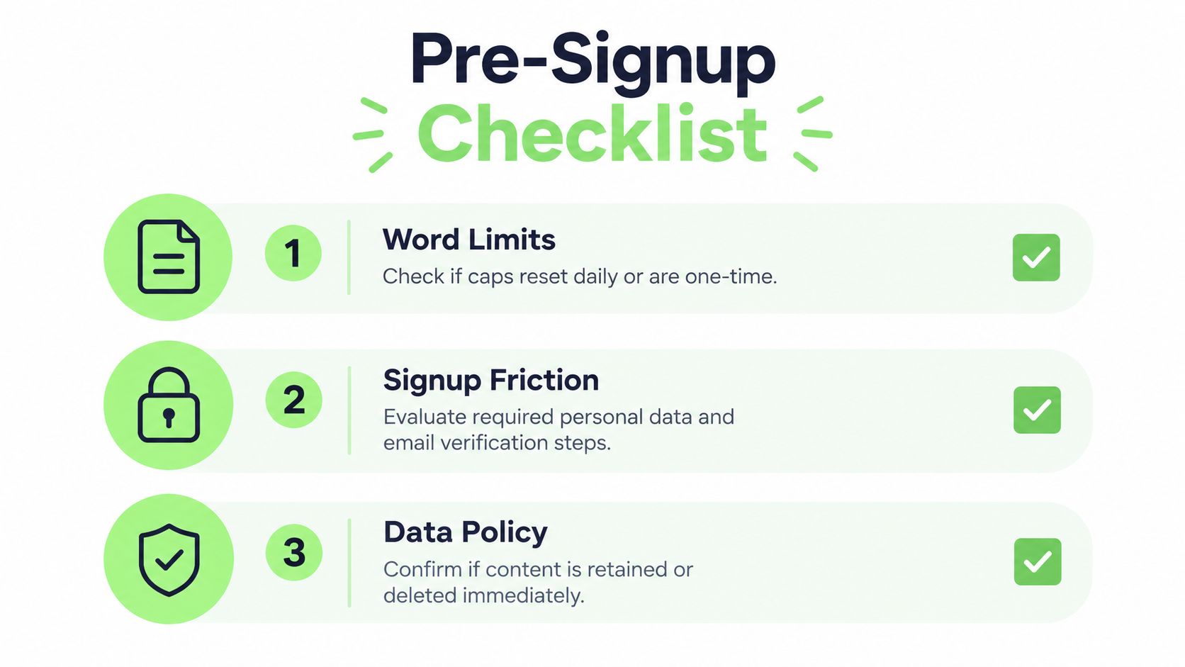 A green and white infographic titled Pre-Signup Checklist featuring three numbered items with icons and checkboxes.