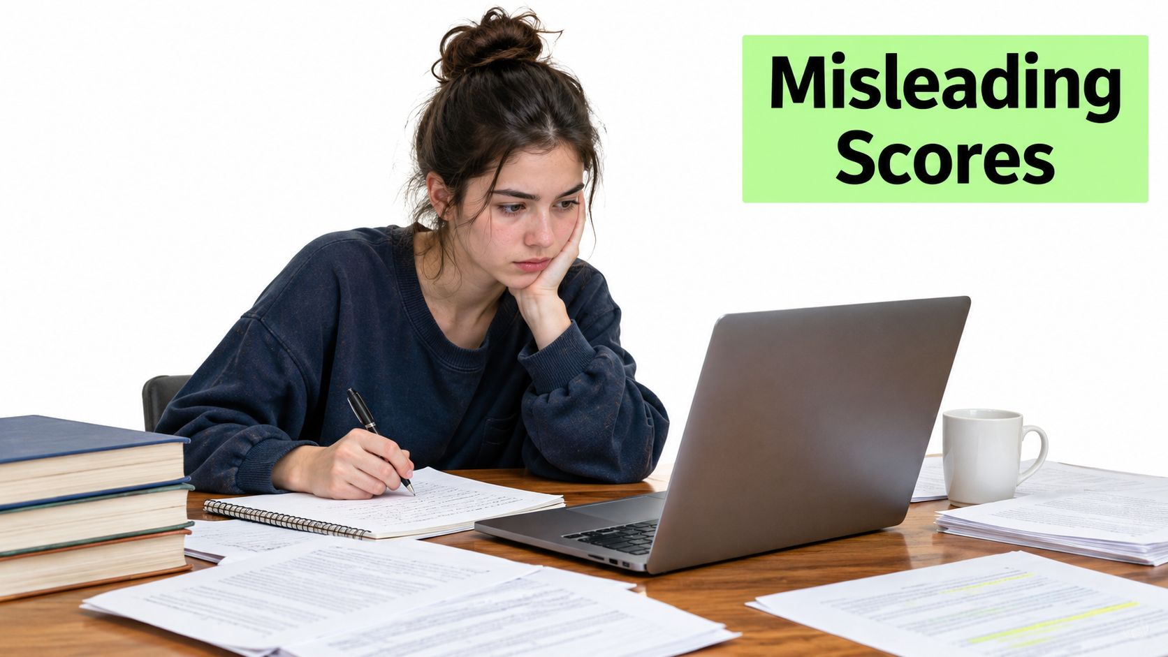 A focused student sits at a wooden desk with a laptop, looking concerned while analyzing academic papers.