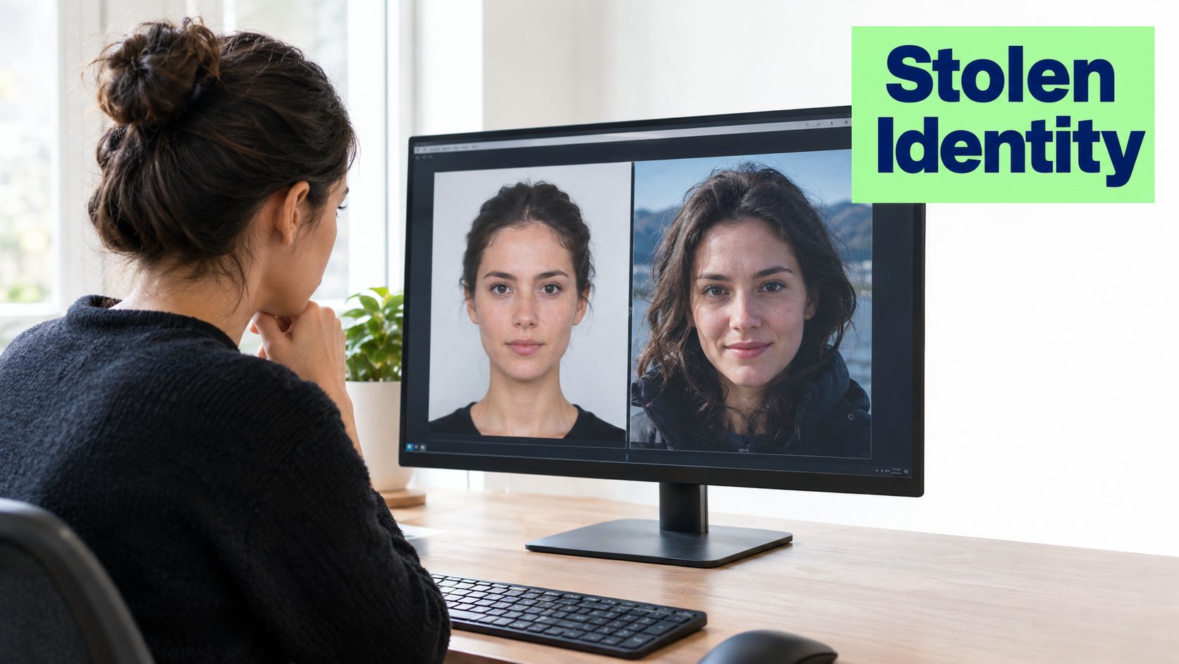 A woman sits at her desk, comparing a portrait photo to her own reflection on a computer monitor.