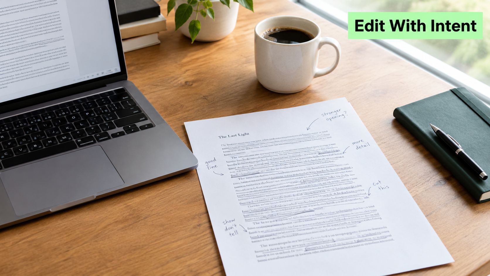 A workspace with a laptop and a document with handwritten editing notes on a wooden desk.