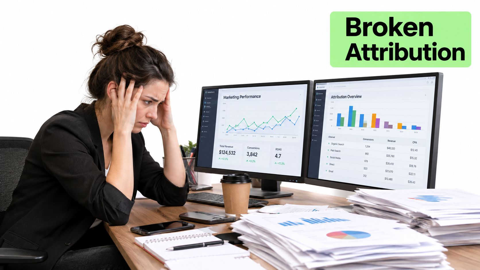 A stressed woman looking at marketing performance and attribution data analytics on two computer screens.