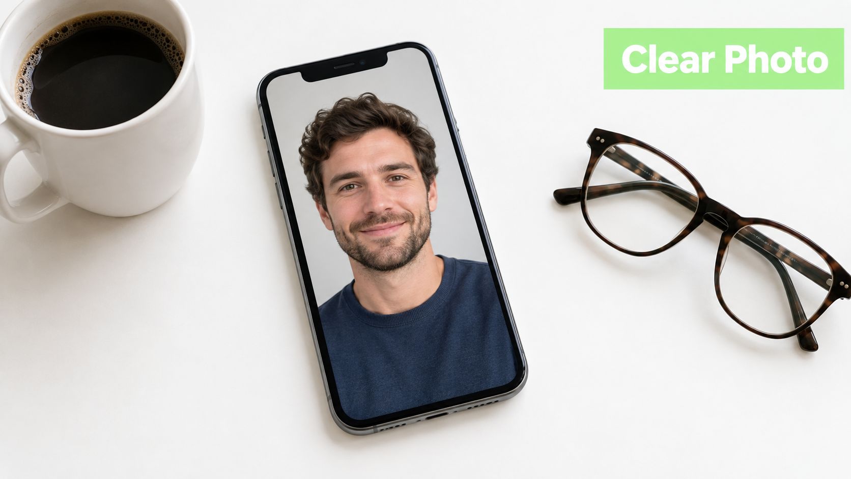 A smartphone screen displaying a portrait photo of a smiling man, positioned next to coffee and glasses.