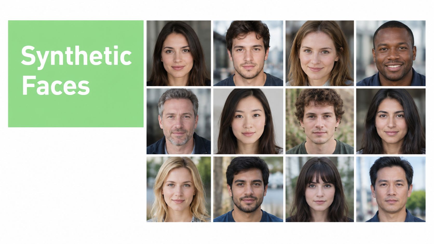 A grid of twelve diverse, realistic synthetic human faces generated by artificial intelligence technology.