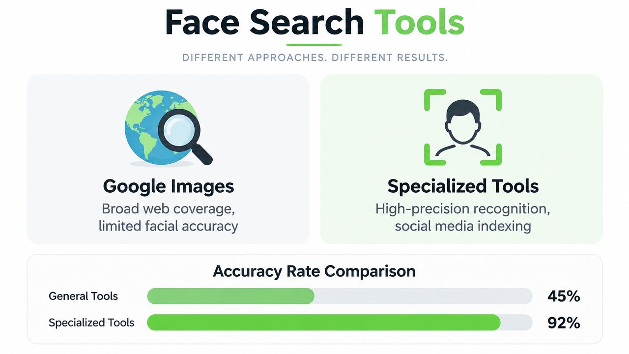A comparison chart showing that specialized tools have higher facial recognition accuracy than general google image search.