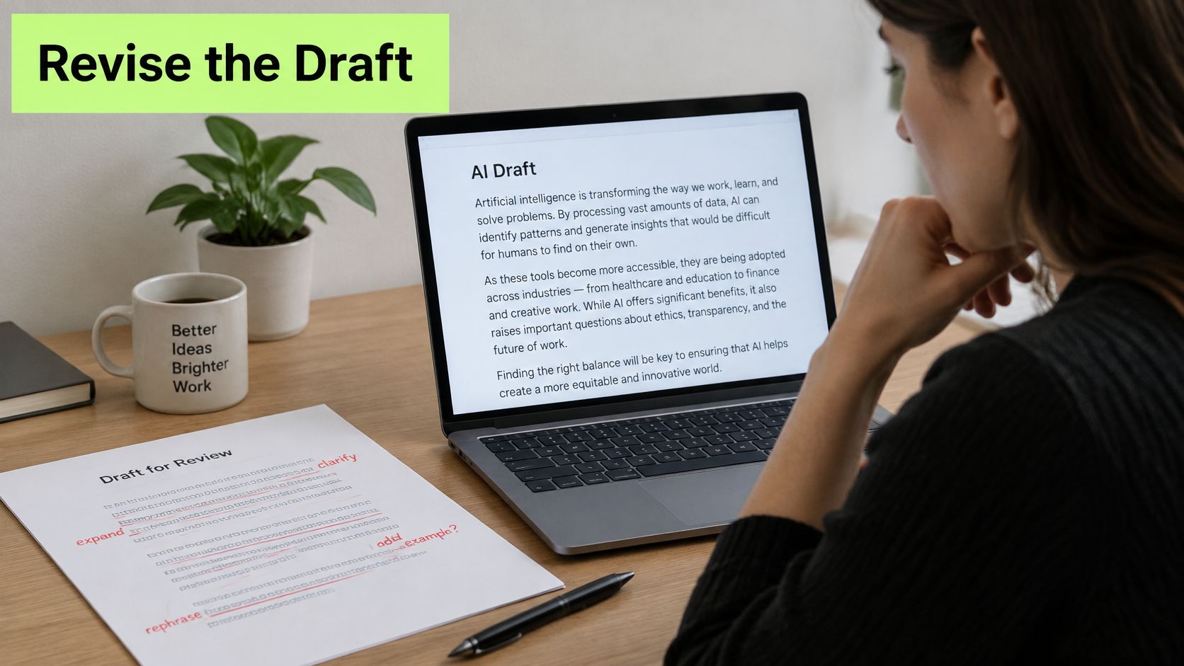 A woman reviewing a document draft on a laptop while working at her home office desk.