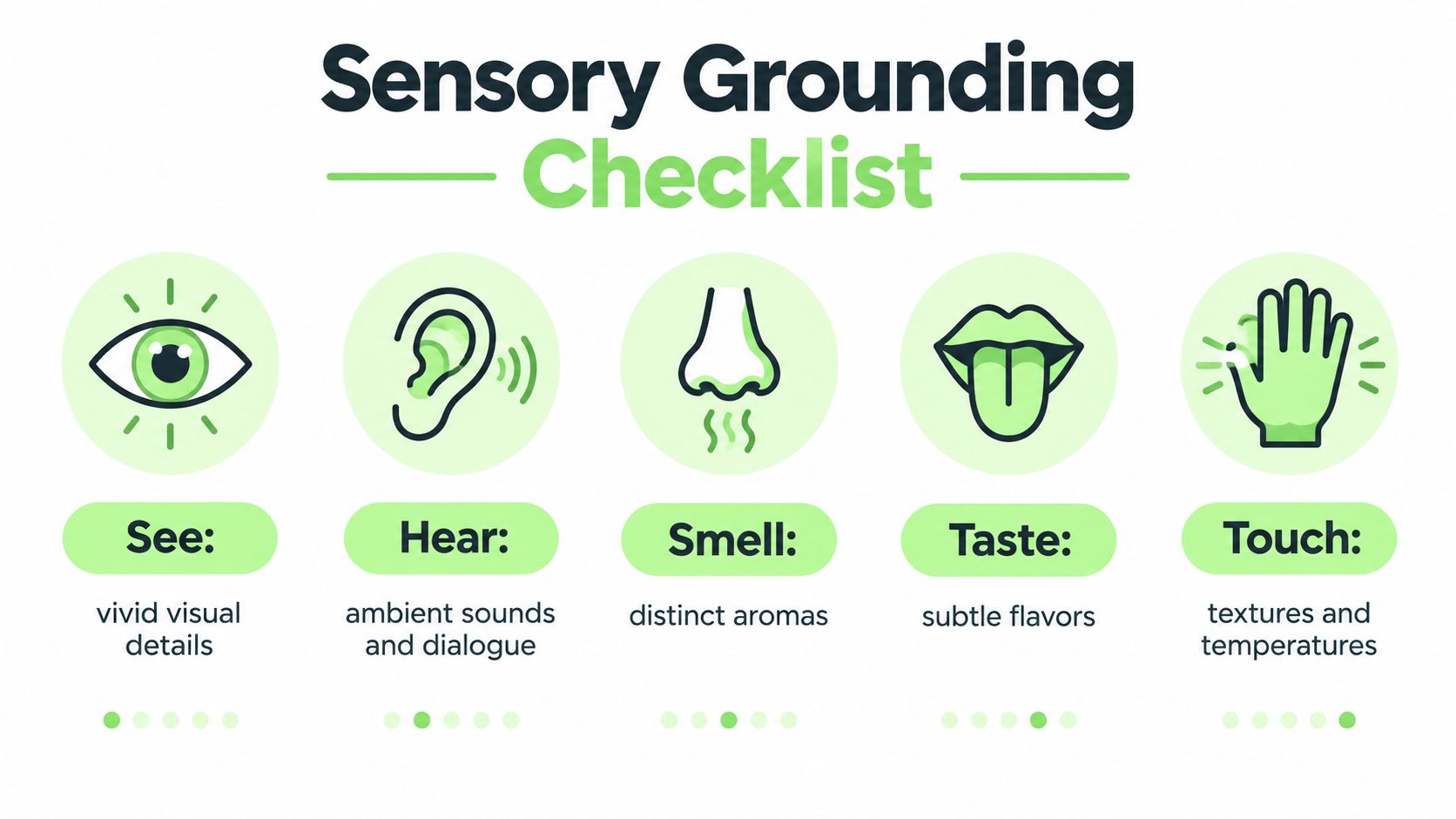 A sensory grounding checklist infographic illustrating five senses: sight, sound, smell, taste, and physical touch.