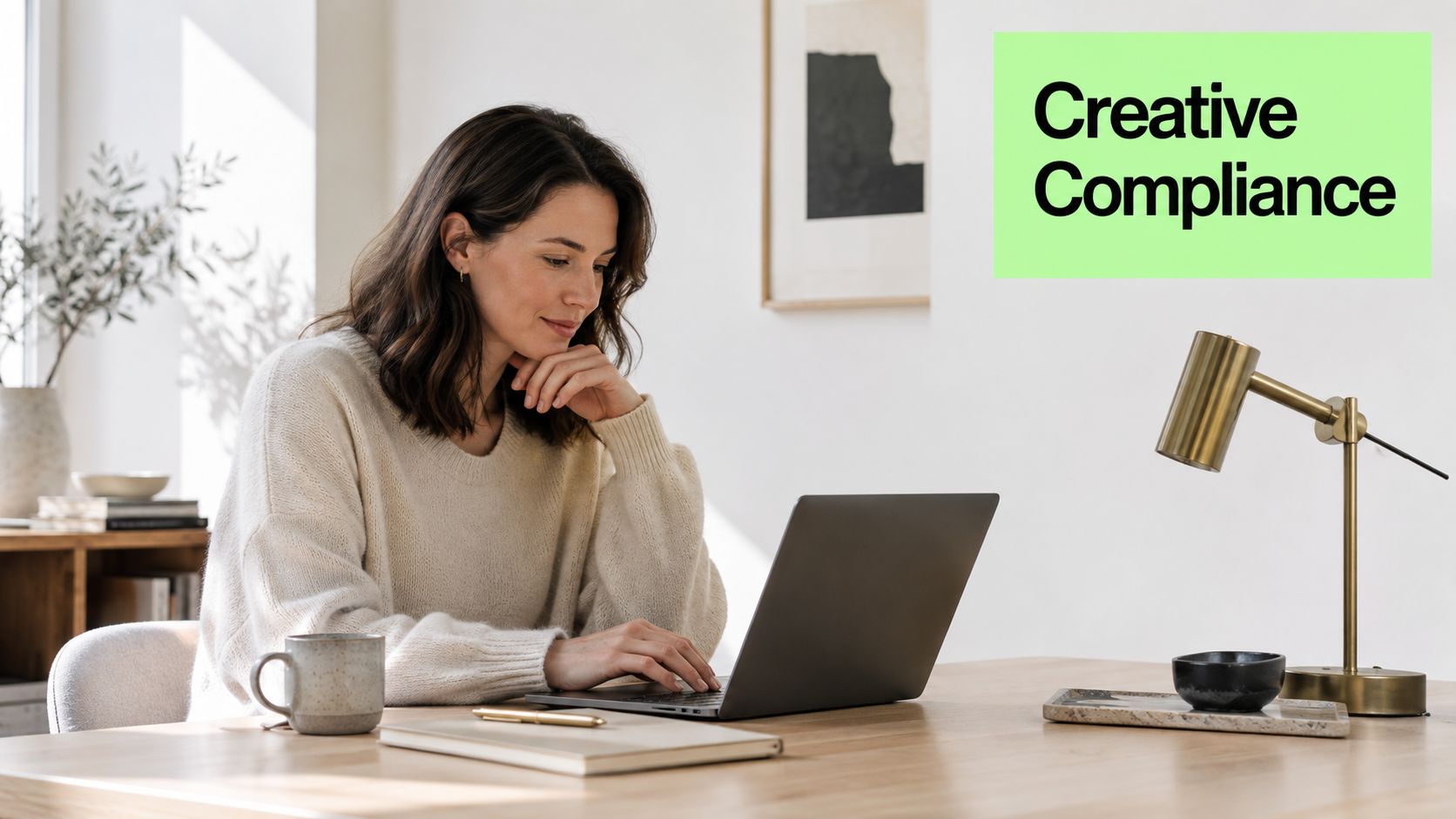 A professional woman sitting at a desk and working on her laptop in a bright home office.
