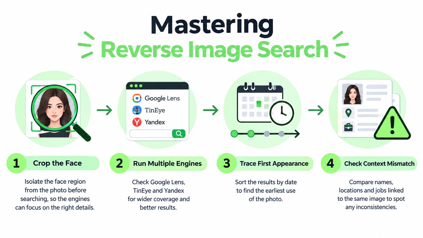 An infographic illustrating four steps to master reverse image search to verify a person's photo online.