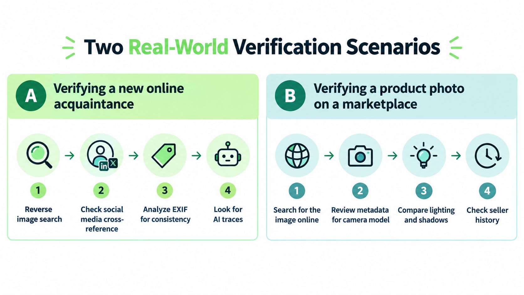 A visual guide outlining two real-world verification scenarios for checking the authenticity of people and product photos.