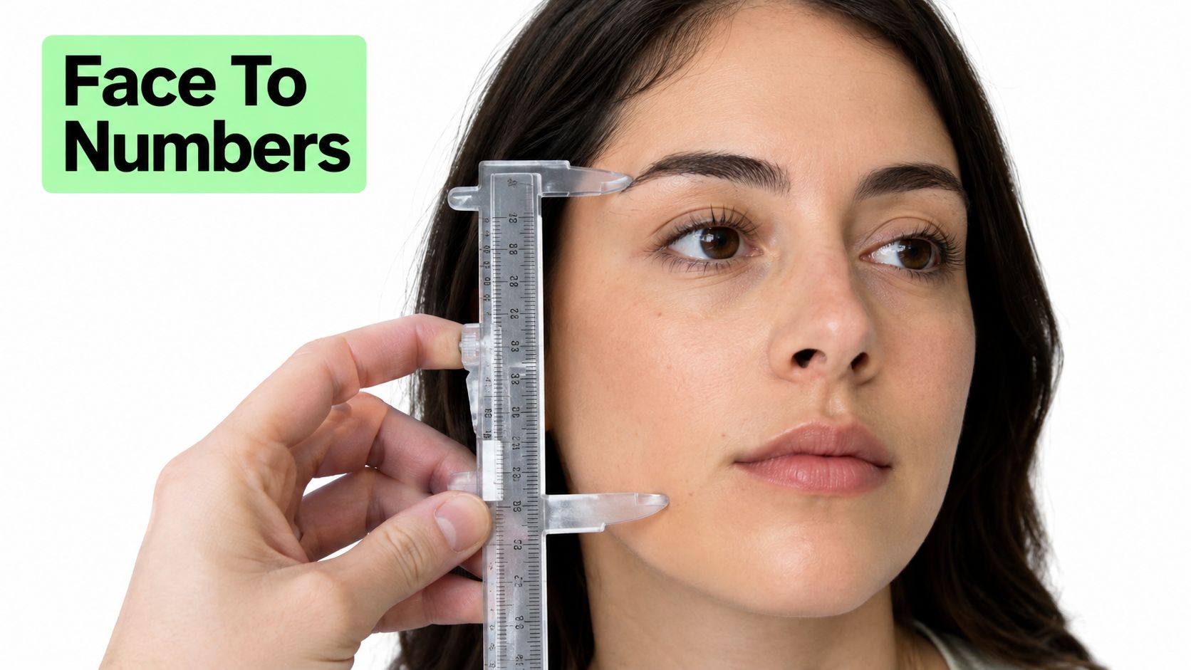 A close-up view of a person using a plastic caliper to measure a woman's facial features.