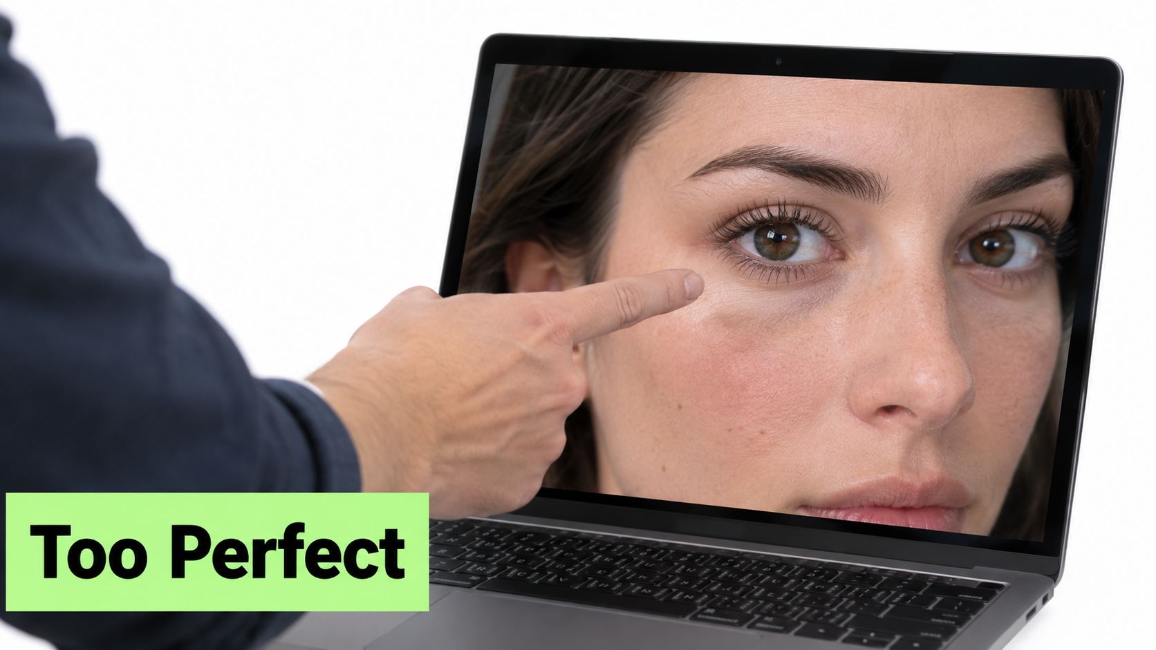 A hand points at a laptop screen displaying a close-up photograph of a woman's face and eyes.