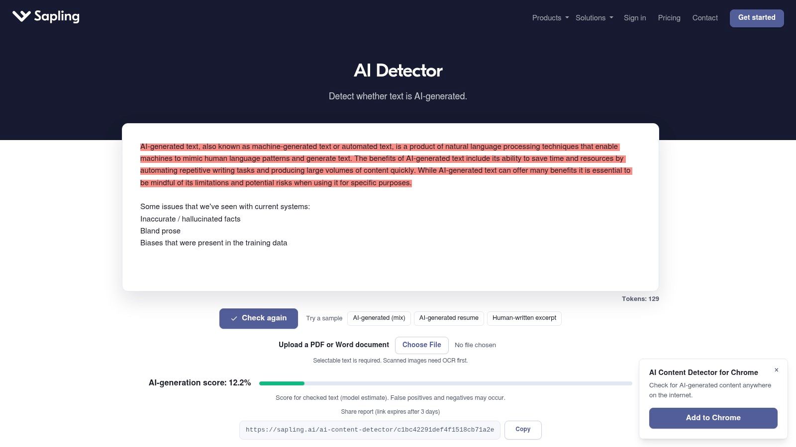 Sapling AI Content Detector