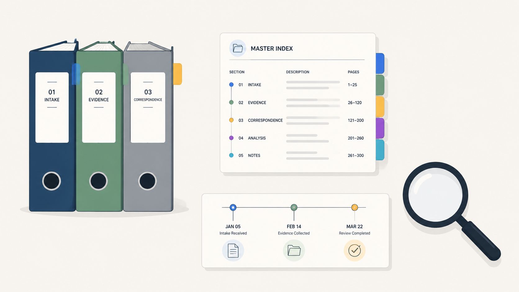A digital illustration showing organizational binders, a master index document, a project timeline, and a magnifying glass.