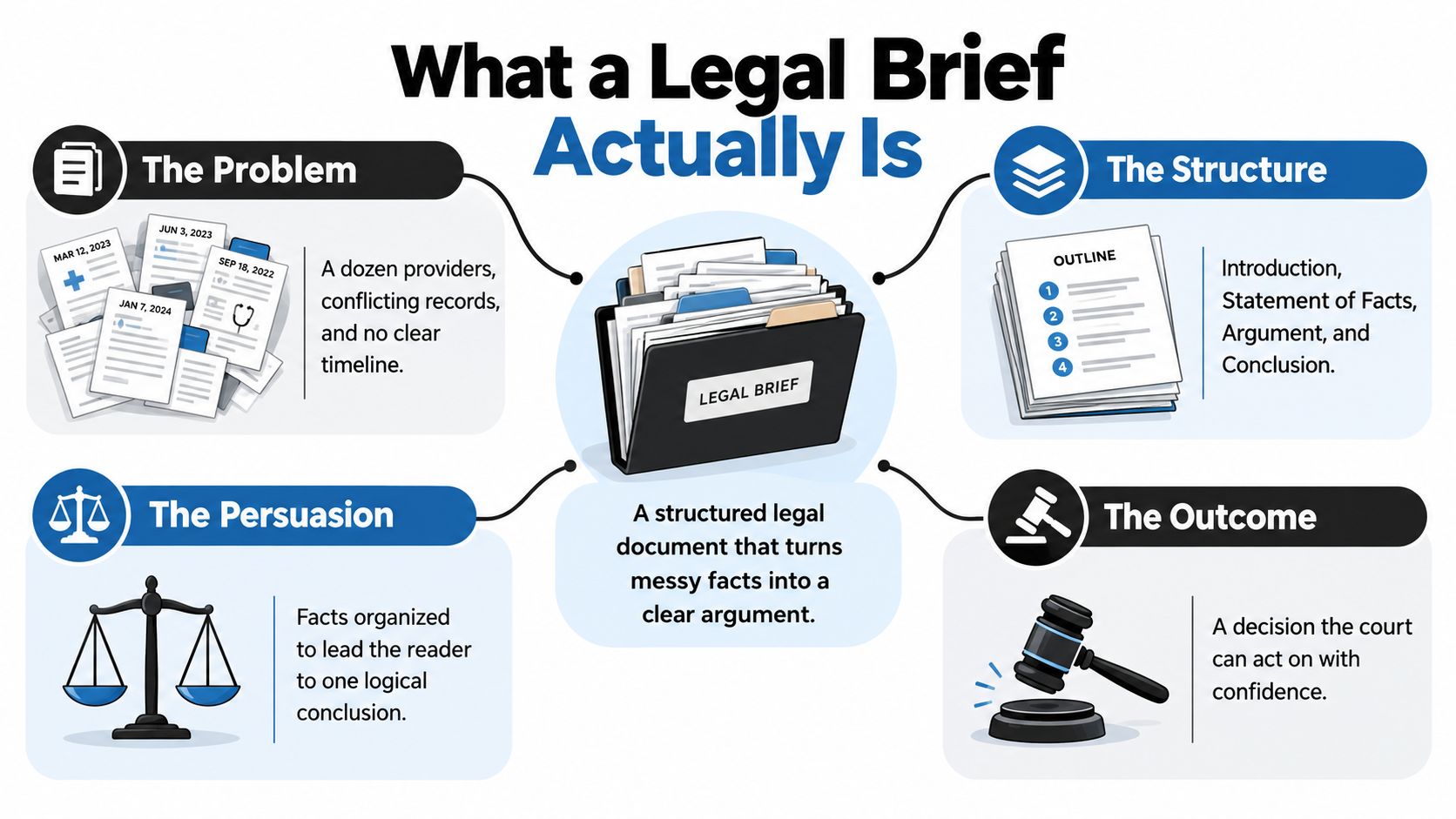 An infographic titled What a Legal Brief Actually Is showing how it organizes complex case facts.
