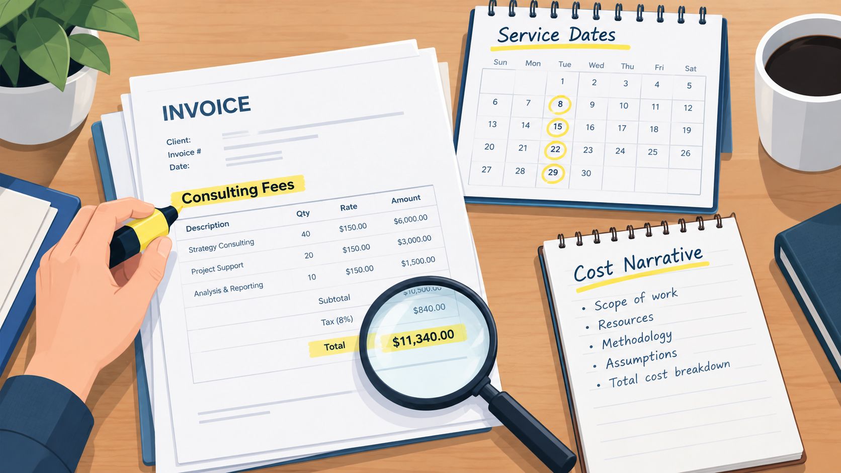 A hand using a highlighter on an invoice document with a magnifying glass and calendar nearby.