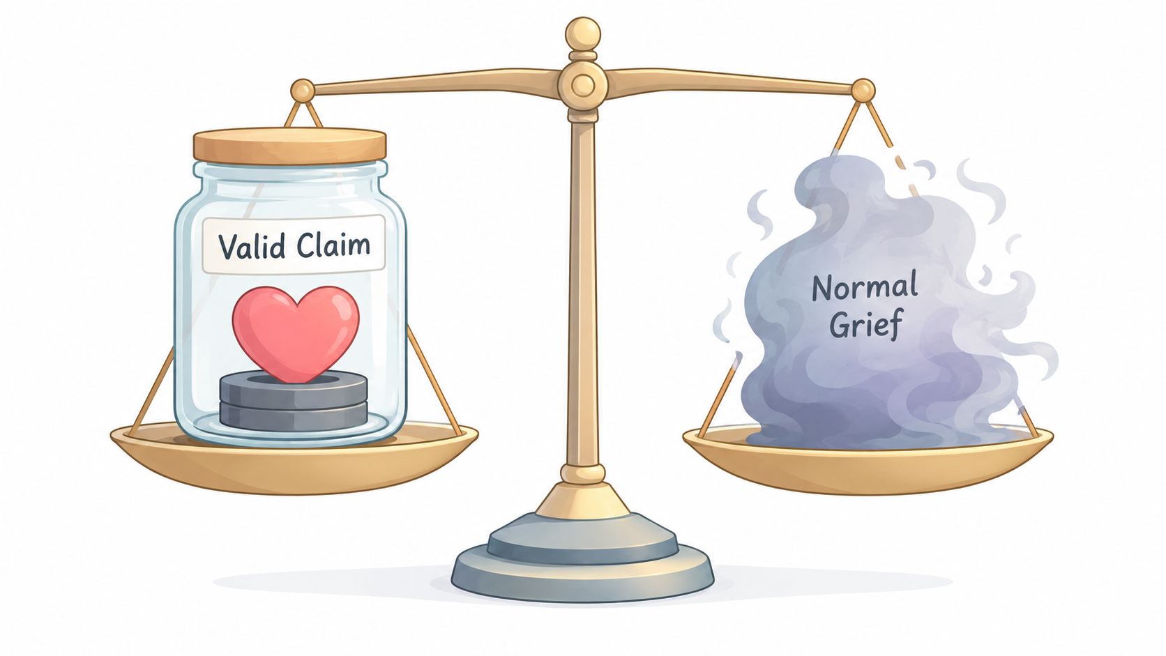 A digital illustration of a balance scale weighing a heart inside a jar against a smoke cloud.