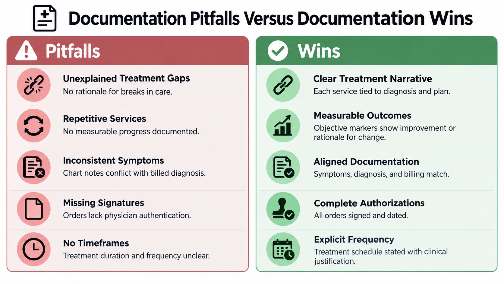 A comparison chart showing common clinical documentation pitfalls versus successful documentation practices in medical billing.