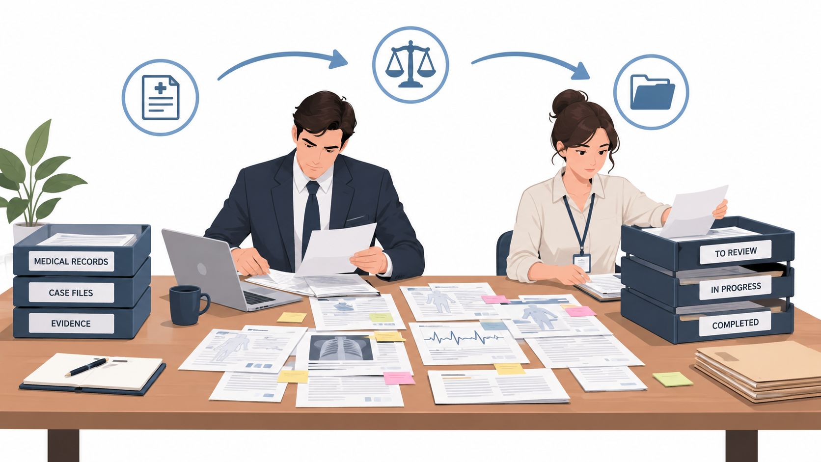 A man and a woman in an office working with legal documents, medical records, and case files.