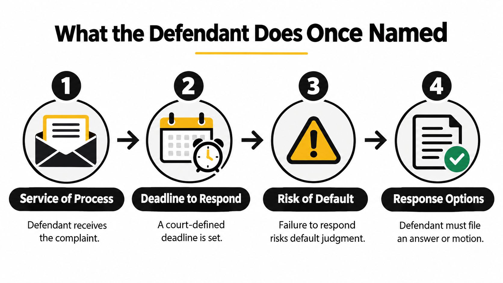 A four-step infographic illustrating the legal process a defendant undergoes after being named in a lawsuit.