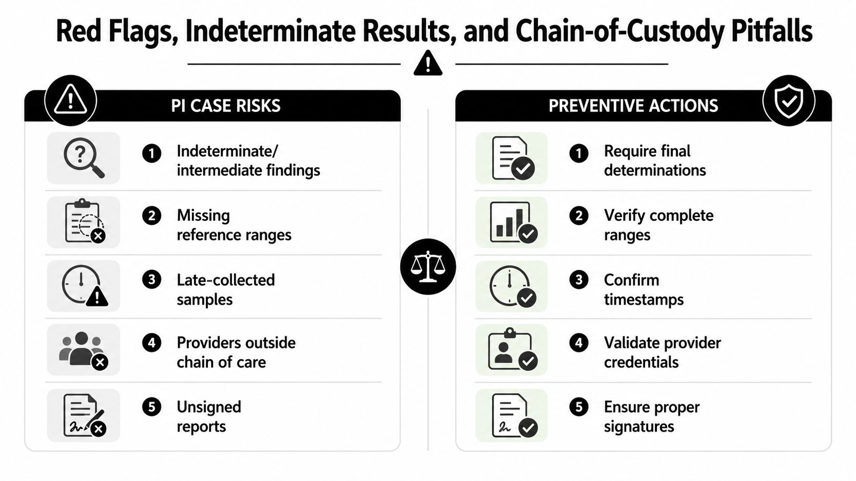 A comparison table outlining common diagnostic test risks and the corresponding preventive actions to improve accuracy.
