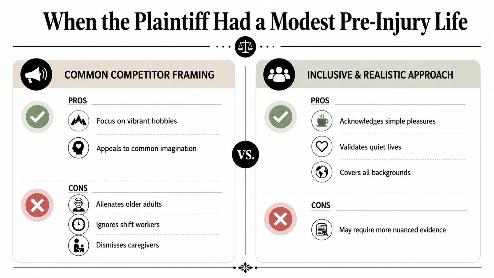 A comparison chart showing legal strategies for plaintiffs with modest lives versus inclusive approaches in personal injury cases.