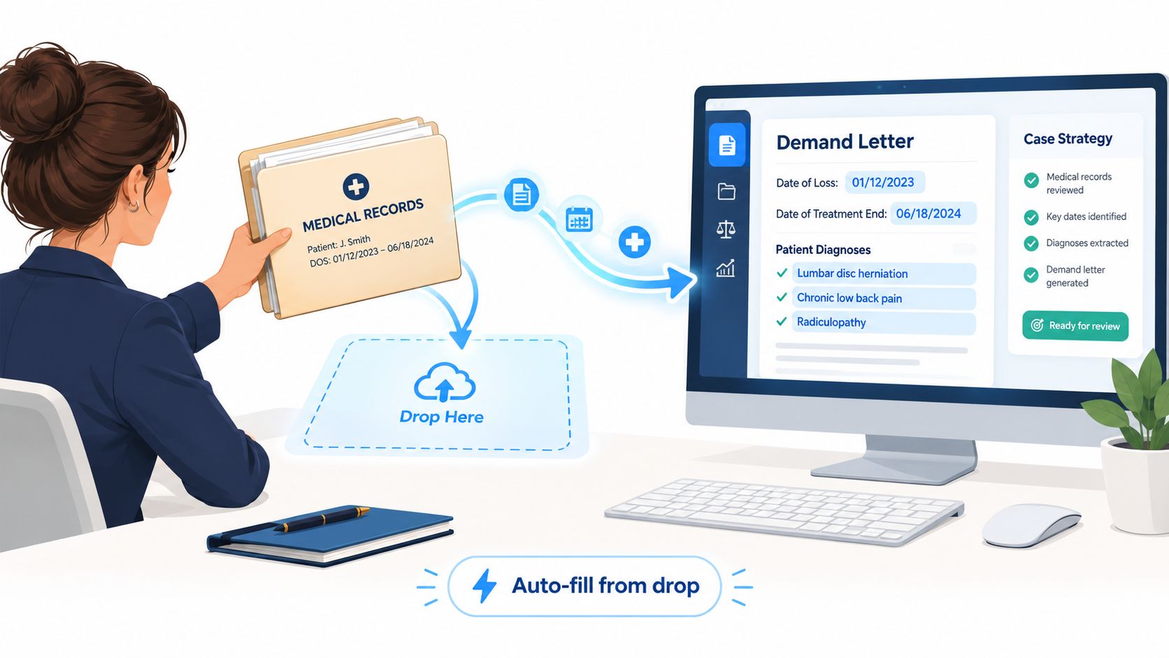 A professional woman uploading medical records into software to automate demand letter generation and case analysis.