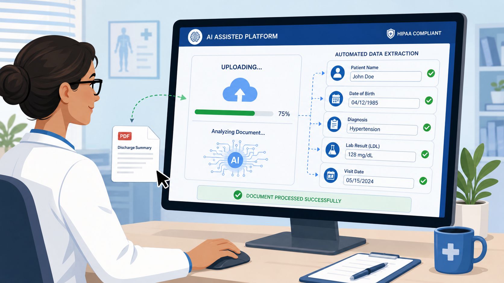 A healthcare professional using an AI-assisted platform to automatically extract data from a medical document.