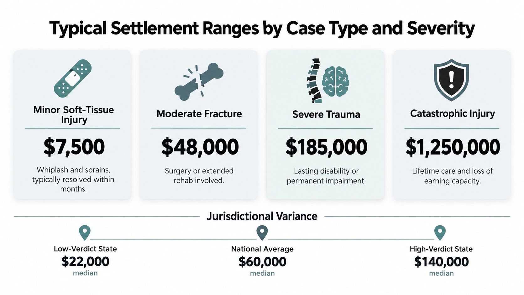 A chart showing typical personal injury settlement amounts based on injury severity and jurisdictional variance.