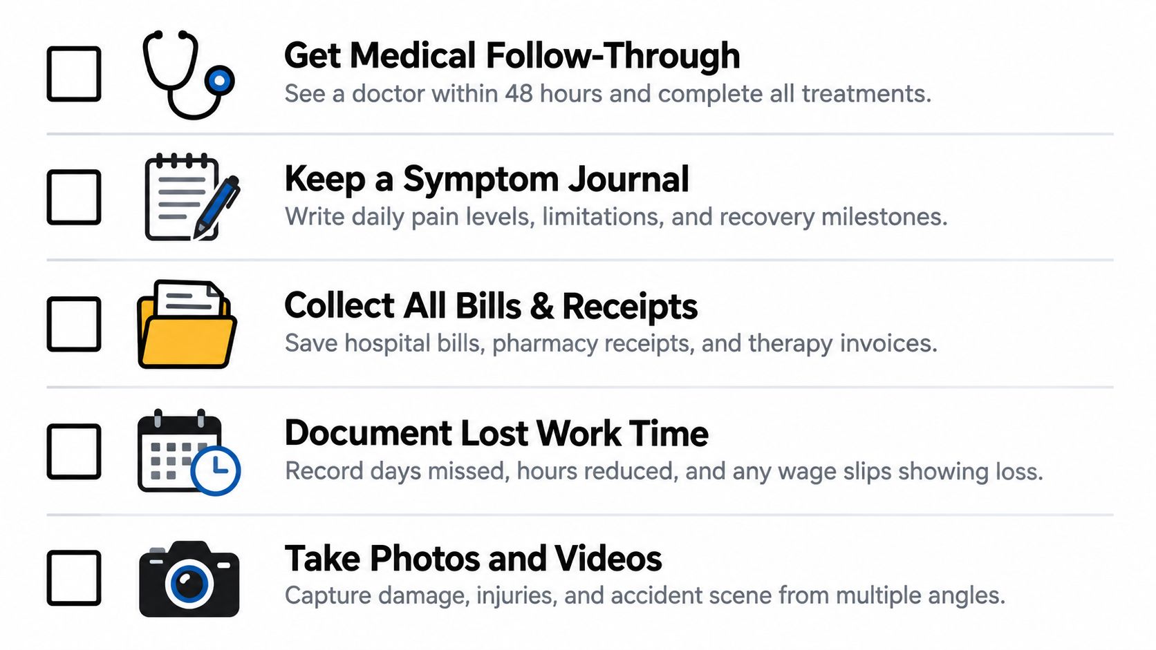 A checklist illustrating five essential steps to take after an auto accident, such as seeking medical help.