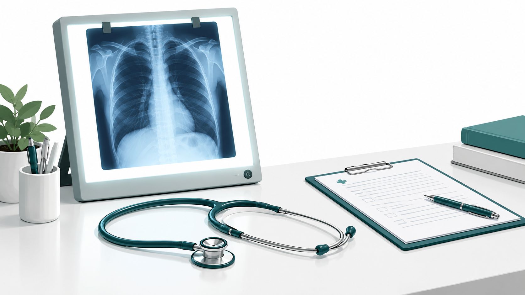 A professional doctor's office desk with a chest X-ray on a light box, stethoscope, and medical records.