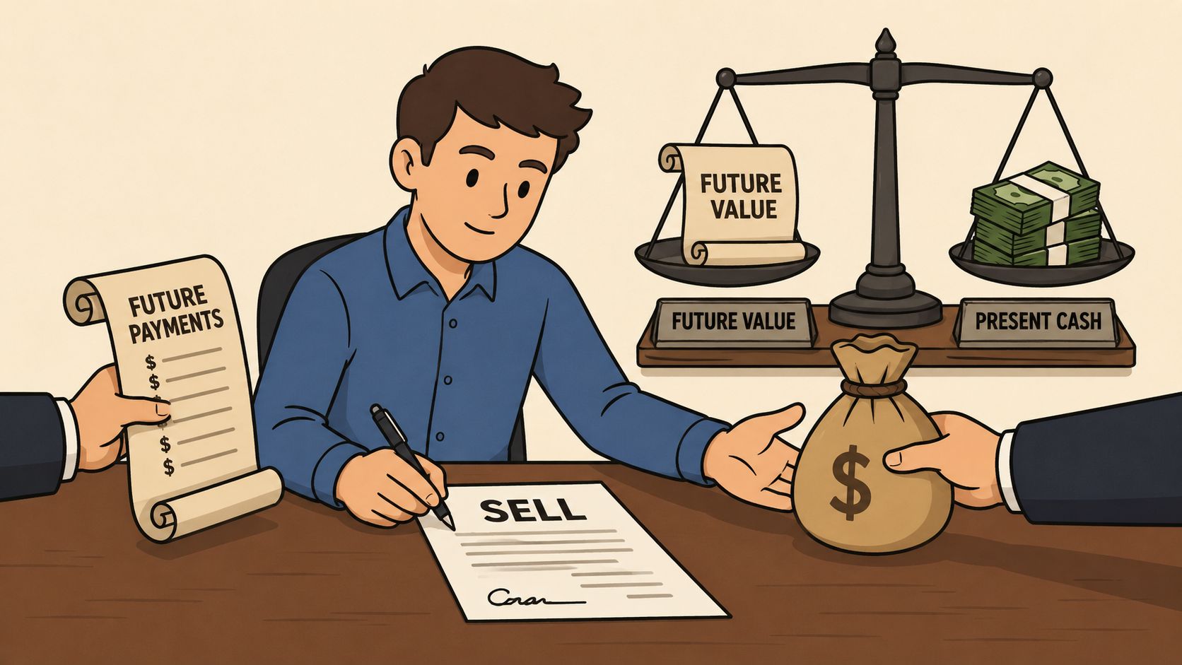 A man signing a structured settlement agreement while weighing future payments against immediate cash on a scale.