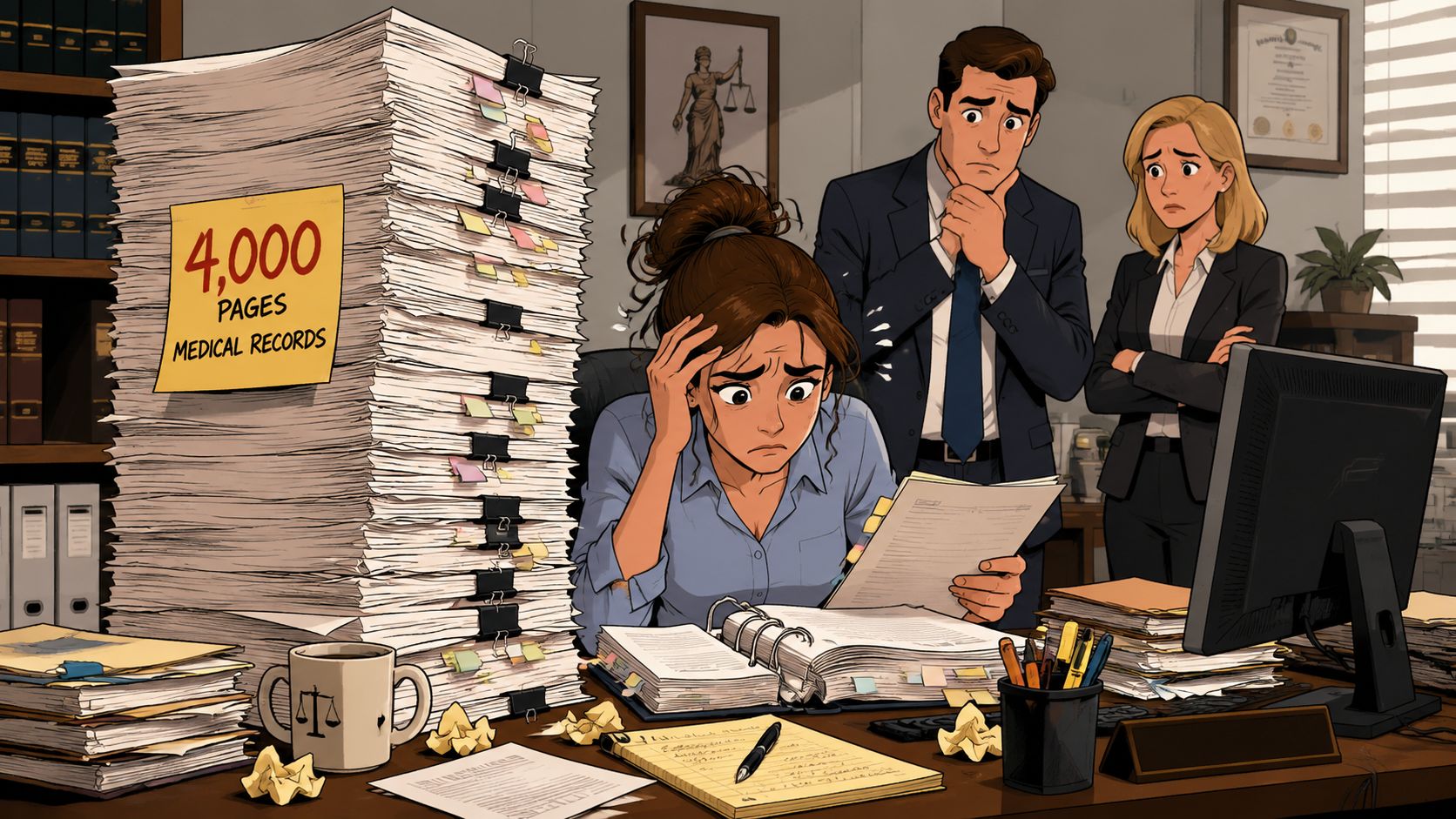 A frustrated legal professional overwhelmed by a massive stack of 4,000 pages of medical records in office.