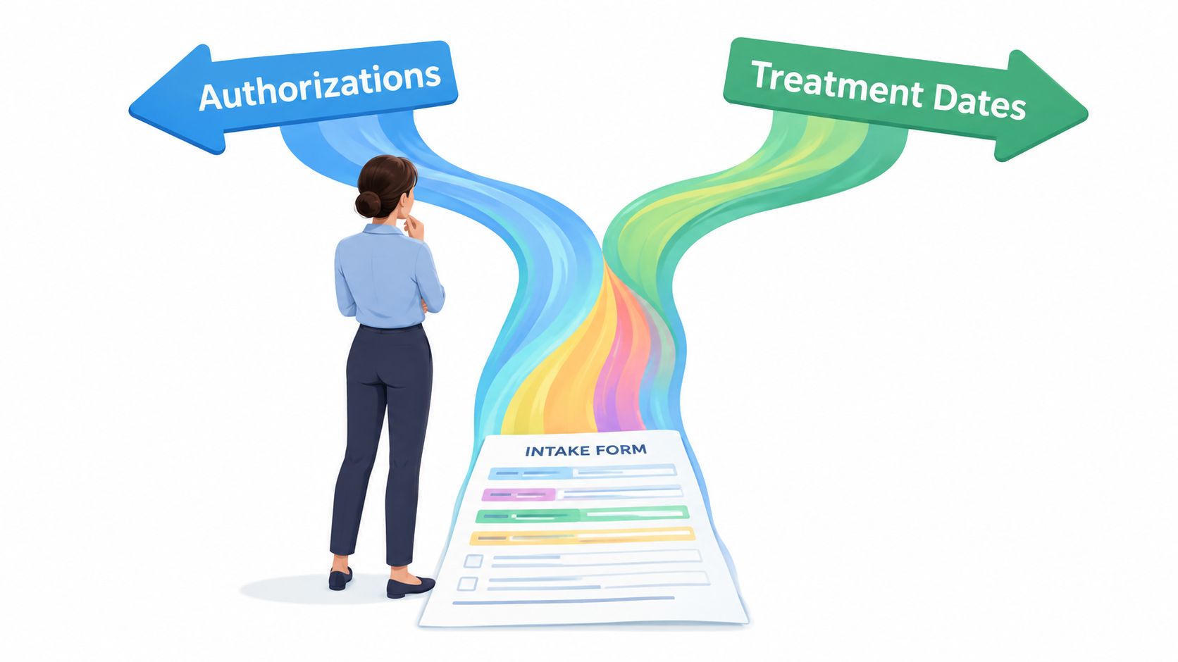 A professional woman looking at an intake form branching into authorizations and treatment dates decision pathways.