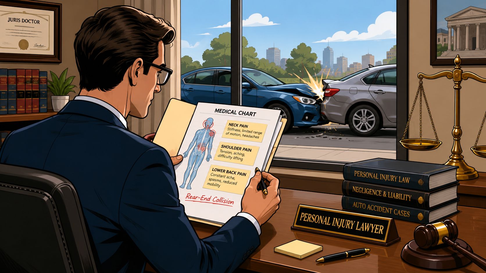 A personal injury lawyer reviewing a medical chart illustrating injuries from a rear-end car accident.