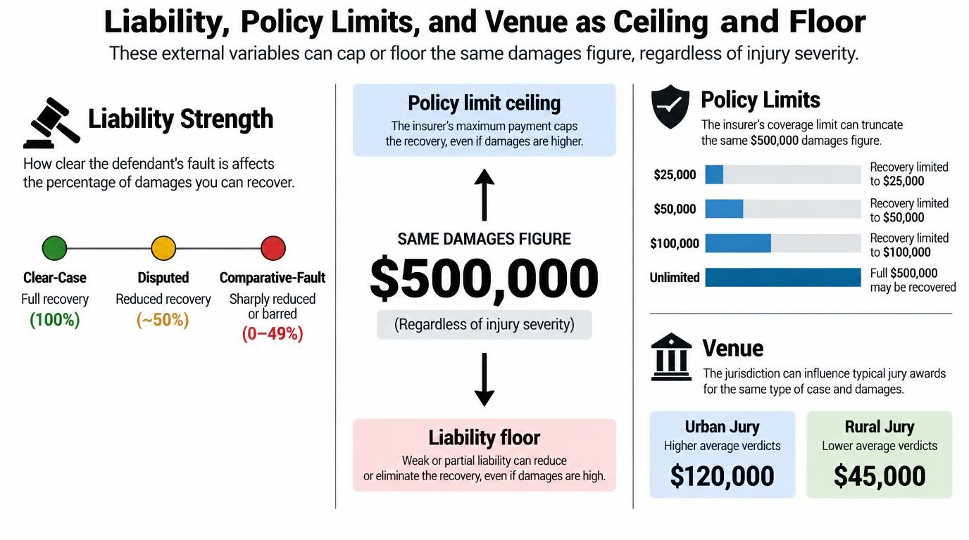 An infographic showing how policy limits, liability, and venue affect personal injury settlement recovery amounts.
