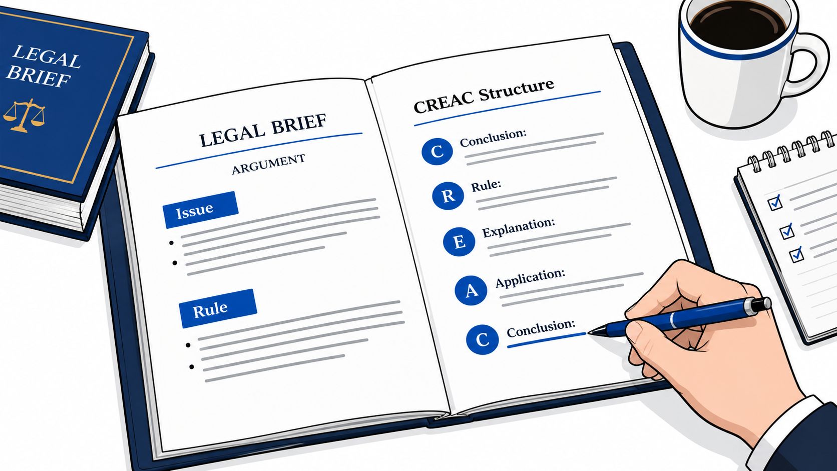 An open book showing the CREAC structure for legal briefs next to a cup of coffee.