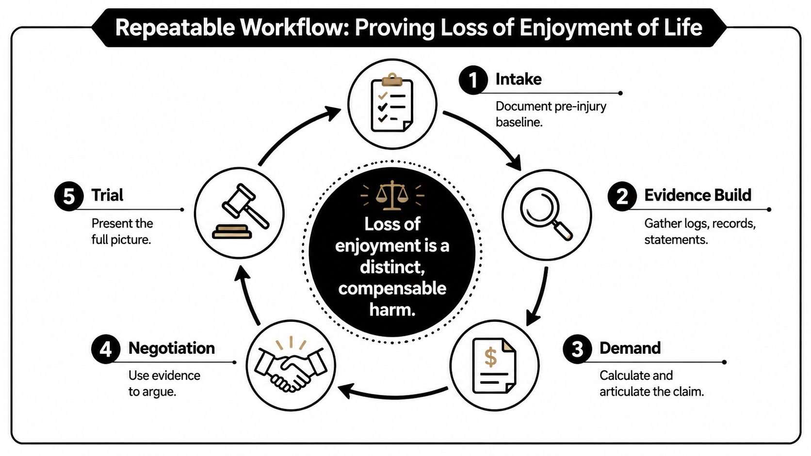 A flowchart diagram illustrating a repeatable five-step legal workflow for proving loss of enjoyment of life claims.