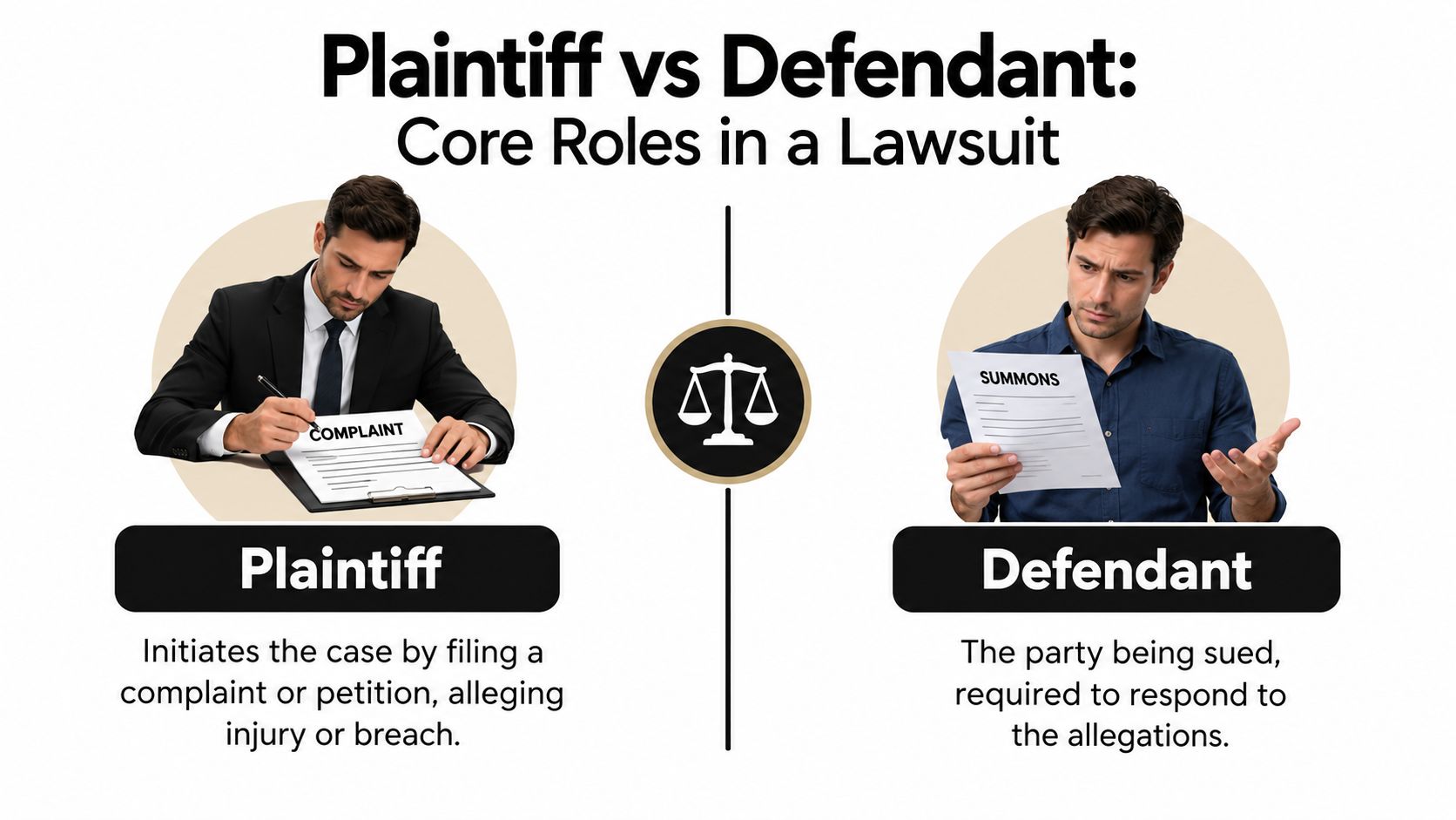 A diagram comparing the roles of plaintiff and defendant in a legal lawsuit with descriptive text.
